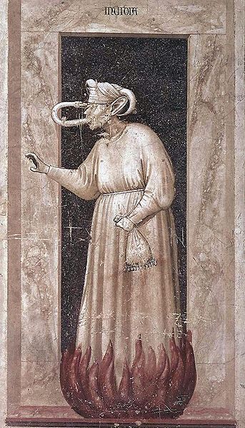 Giotto di Bondone, przedstawienie zawiści z fresku w kaplicy Scovegnich w Padwie (1306 r.)