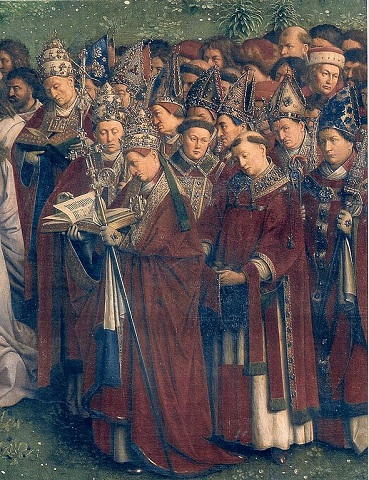 Papieże i biskupi – fragment Ołtarza Gandawskiego (Hubert i Jan van Eyckowie, 1432 rok)